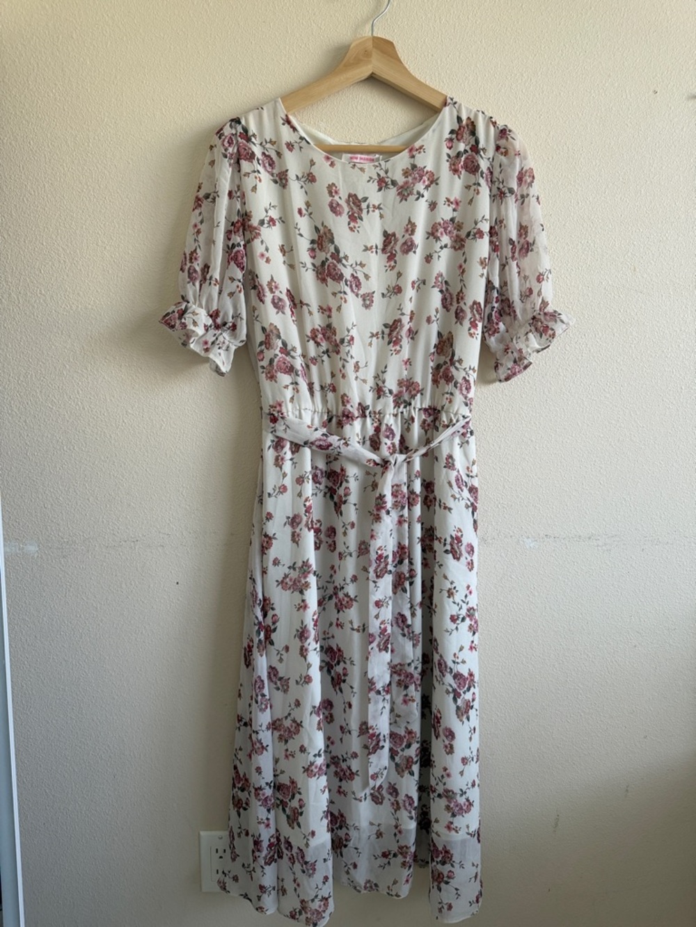 Floral Midi Dress with Tie Waist - Cream with Rose Print